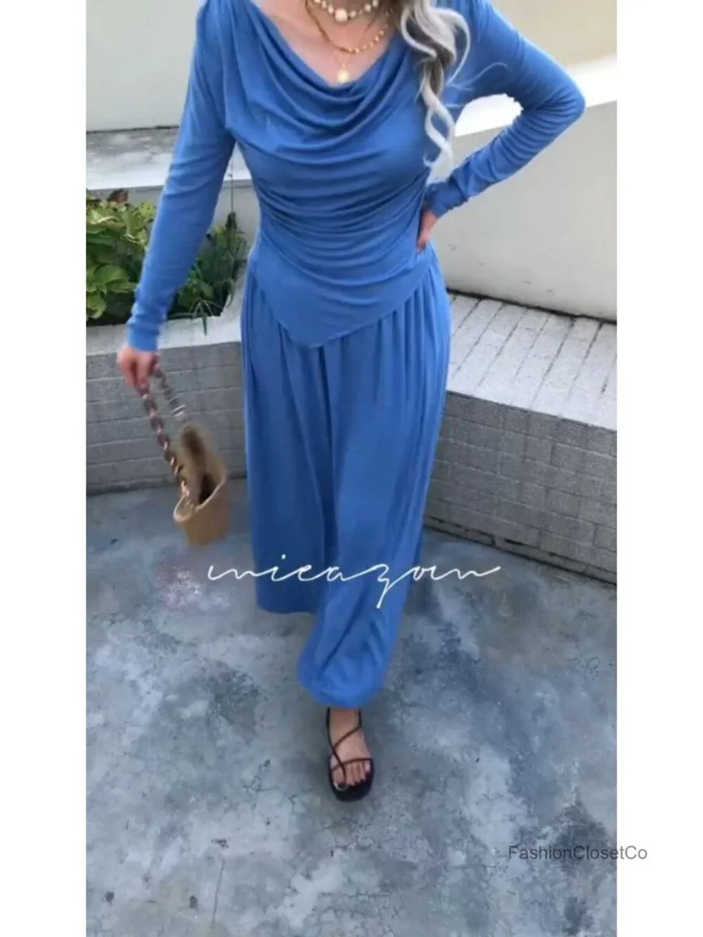 2 Piece Skirt Set Ruched Long Sleeve Off Shoulder Top Maxi Skirt Matching Sets